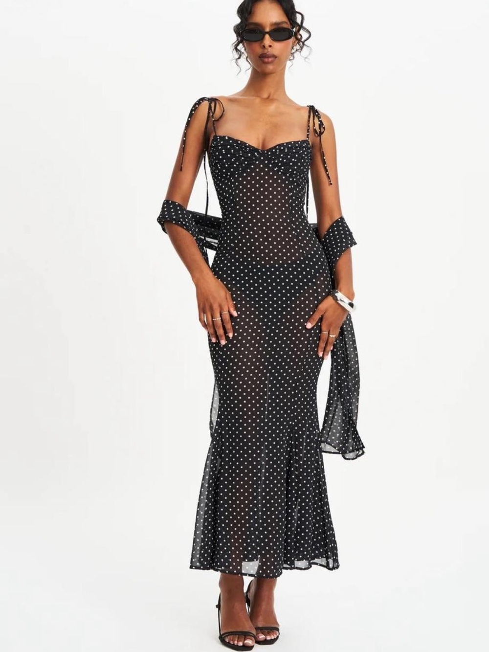 Yadira Black Base Polka Dot Chiffon Maxi Dress - Picture 3 of 5